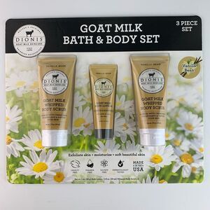 New Dionis goat milk bath & body 3 piece set 1oz body lotion/ 2 2oz body scrub